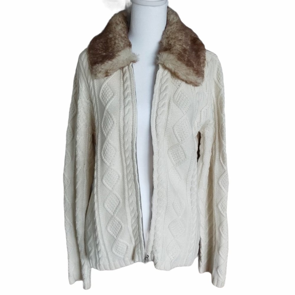 Liz Claiborne soft cream cable double zip cardigan detachable collar size M